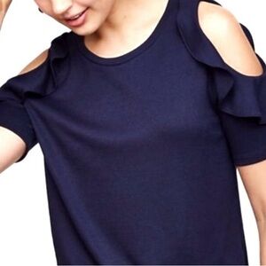 Loft Blue Tee T-Shirt Ruffle Soft Cold Shoulder T-Shirt Top Size Medium